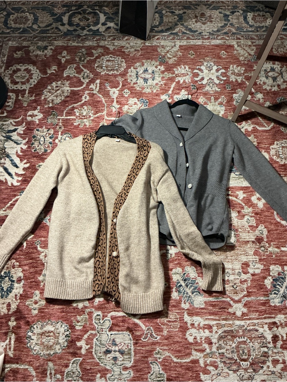Two Cardigans: One Leopard-Trim Accent and One Gray